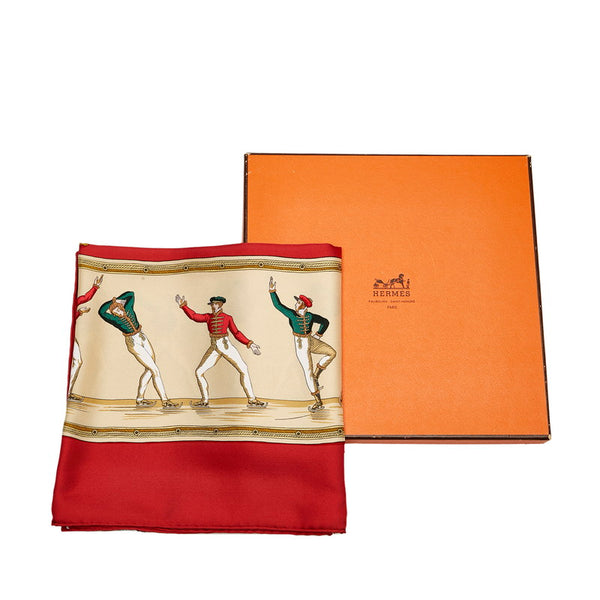 エルメス カレ90 LES PLAISIRS DU FROID 氷上の喜び スカーフ レッド マルチカラー シルク レディース HERMES 【中古】