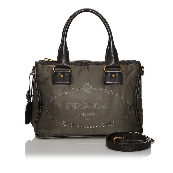 プラダ ロゴジャガード  カーキ ダークブラウン  ナイロン レザー ハンドバッグ ショルダーバッグ 2way レディース PRADA 【中古】