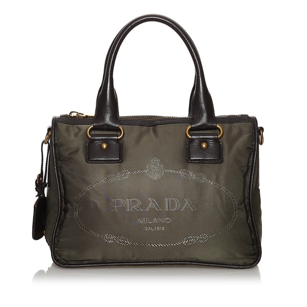 プラダ ロゴジャガード  カーキ ダークブラウン  ナイロン レザー ハンドバッグ ショルダーバッグ 2way レディース PRADA 【中古】