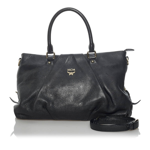 エム シー エム ロゴグラム 型押し ハンドバッグ ショルダーバッグ 2WAY ブラック レザー レディース MCM 【中古】