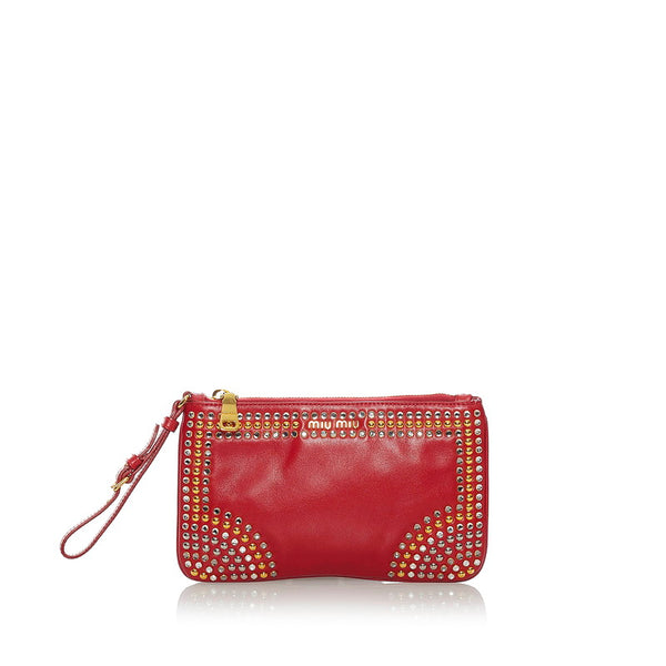 ミュウミュウ スタッズ ポーチ レッド レザー レディース MIUMIU 【中古】