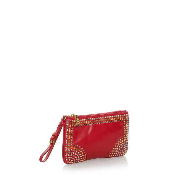 ミュウミュウ スタッズ ポーチ レッド レザー レディース MIUMIU 【中古】