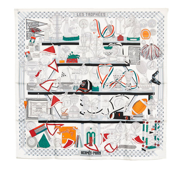 エルメス カレ90 LES TROPHEES トロフィー スカーフ ホワイト マルチカラー シルク レディース HERMES 【中古】