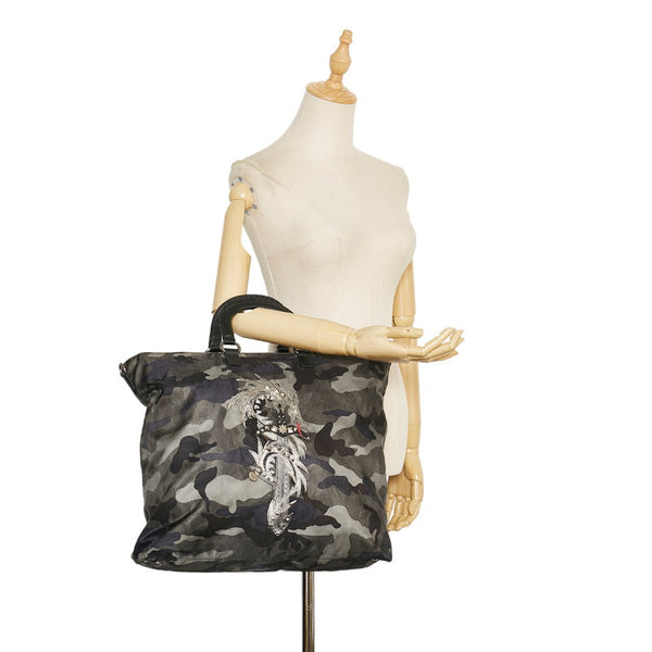 プラダ カモフラージュ ドラゴン ハンドバッグ トートバッグ カーキ ブラック ナイロン レザー メンズ PRADA 【中古】