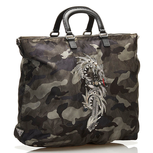 プラダ カモフラージュ ドラゴン ハンドバッグ トートバッグ カーキ ブラック ナイロン レザー メンズ PRADA 【中古】
