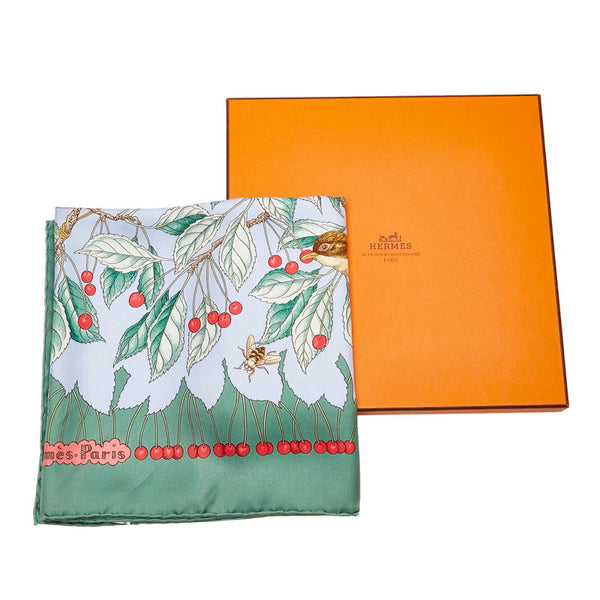 エルメス カレ90 Les merises チェリー スカーフ グリーン マルチカラー シルク レディース HERMES 【中古】