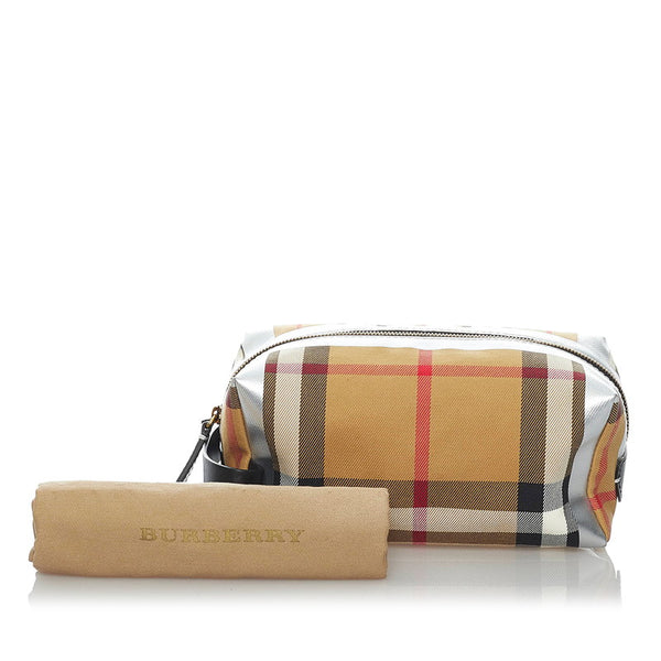 バーバリー ノバチェック クラッチバッグ ベージュ シルバー キャンバス メンズ BURBERRY 【中古】