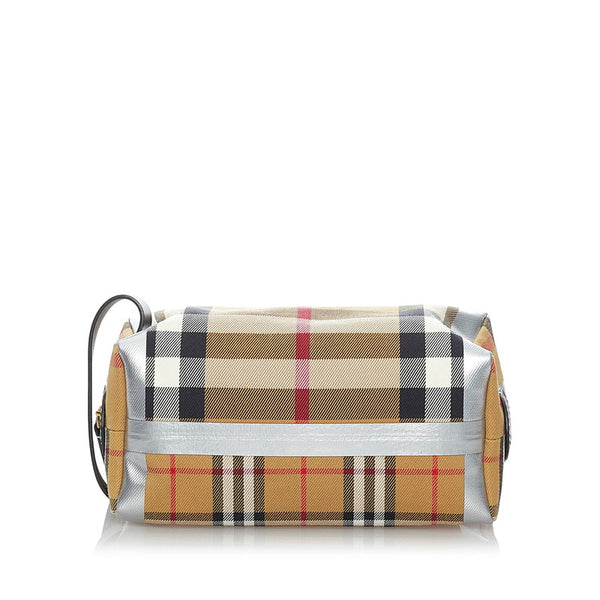 バーバリー ノバチェック クラッチバッグ ベージュ シルバー キャンバス メンズ BURBERRY 【中古】