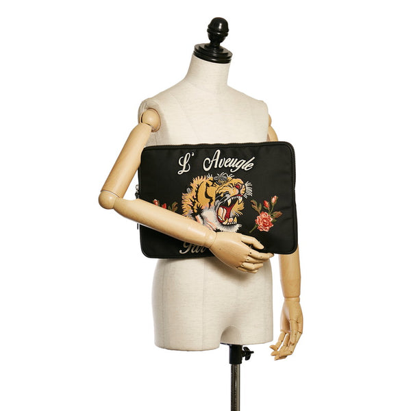 グッチ エンブロイダリー タイガー クラッチバッグ ラップトップケース 473884 ブラック キャンバス レディース GUCCI 【中古】