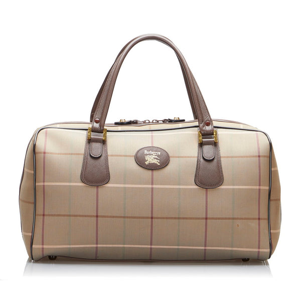 バーバリー チェック ボストンバッグ トラベルバッグ 旅行用バッグ カーキ ブラウン キャンバス レザー レディース BURBERRY 【中古】