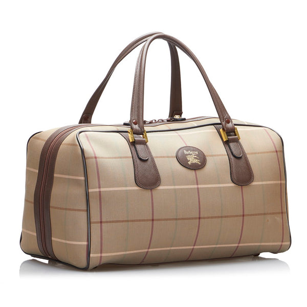バーバリー チェック ボストンバッグ トラベルバッグ 旅行用バッグ カーキ ブラウン キャンバス レザー レディース BURBERRY 【中古】