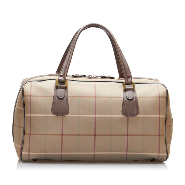 バーバリー チェック ボストンバッグ トラベルバッグ 旅行用バッグ カーキ ブラウン キャンバス レザー レディース BURBERRY 【中古】