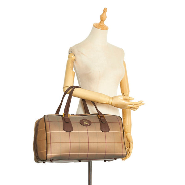 バーバリー チェック ボストンバッグ トラベルバッグ 旅行用バッグ カーキ ブラウン キャンバス レザー レディース BURBERRY 【中古】