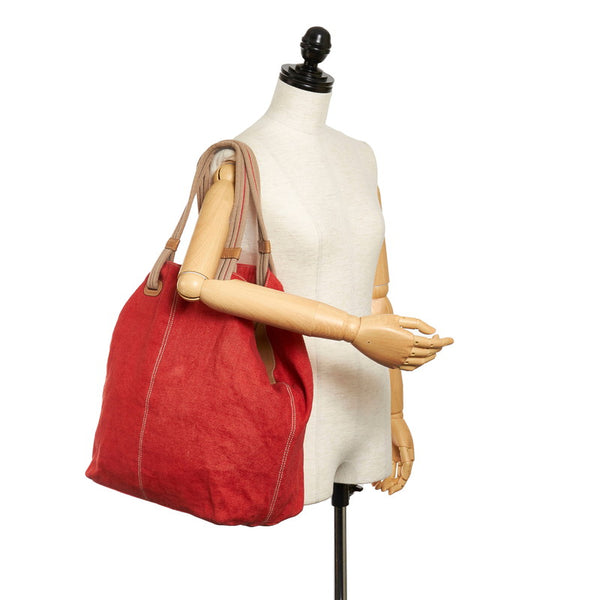 ボッテガヴェネタ トートバッグ レッド ベージュ キャンバス レザー レディース BOTTEGAVENETA 【中古】