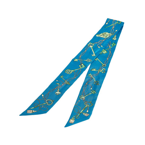 エルメス ツイリー LES CLES 鍵 スカーフ ブルー グリーン シルク レディース HERMES 【中古】