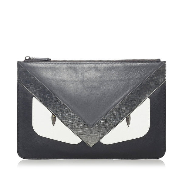 フェンディ バグズアイ モンスター クラッチバッグ 7N0078-8FJ ブラック グレー レザー メンズ FENDI 【中古】