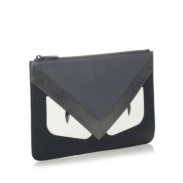 フェンディ バグズアイ モンスター クラッチバッグ 7N0078-8FJ ブラック グレー レザー メンズ FENDI 【中古】