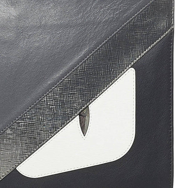 フェンディ バグズアイ モンスター クラッチバッグ 7N0078-8FJ ブラック グレー レザー メンズ FENDI 【中古】