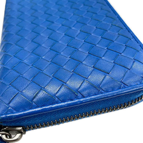 ボッテガヴェネタ イントレチャート ブルー レザー ラウンドファスナー 長財布 メンズ BOTTEGAVENETA 【中古】