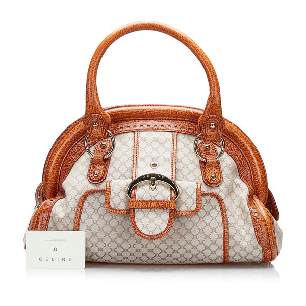 セリーヌ マカダム クロコ型押し ハンドバッグ ベージュ オレンジ キャンバス レザー レディース CELINE 【中古】