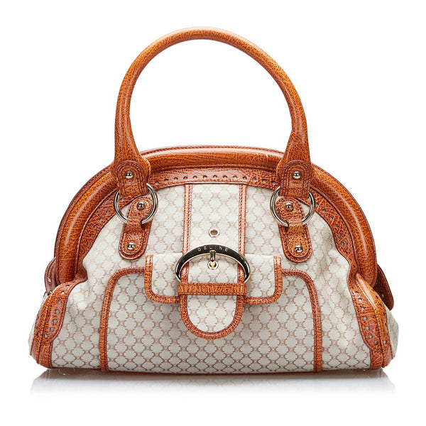 セリーヌ マカダム クロコ型押し ハンドバッグ ベージュ オレンジ キャンバス レザー レディース CELINE 【中古】