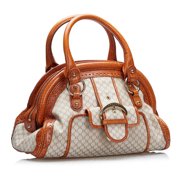 セリーヌ マカダム クロコ型押し ハンドバッグ ベージュ オレンジ キャンバス レザー レディース CELINE 【中古】
