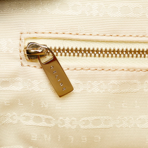 セリーヌ マカダム クロコ型押し ハンドバッグ ベージュ オレンジ キャンバス レザー レディース CELINE 【中古】
