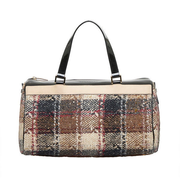 バーバリー チェック ボストンバッグ ハンドバッグ ブラウン ブラック ツイード エナメル レディース BURBERRY 【中古】