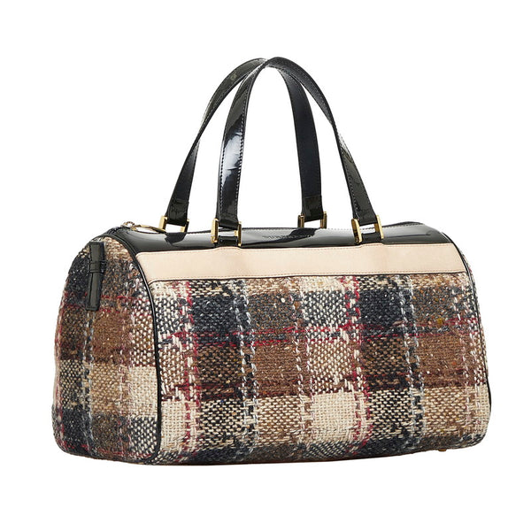 バーバリー チェック ボストンバッグ ハンドバッグ ブラウン ブラック ツイード エナメル レディース BURBERRY 【中古】