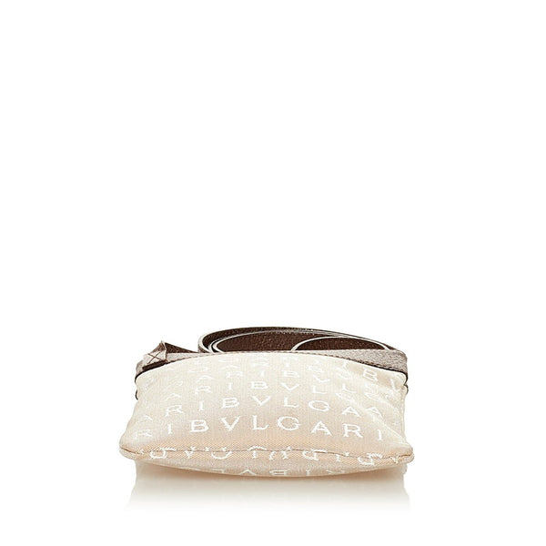 ブルガリ ロゴマニア ポシェット 斜めがけ ショルダー ベージュ ブラウン キャンバス レザー レディース BVLGARI 【中古】