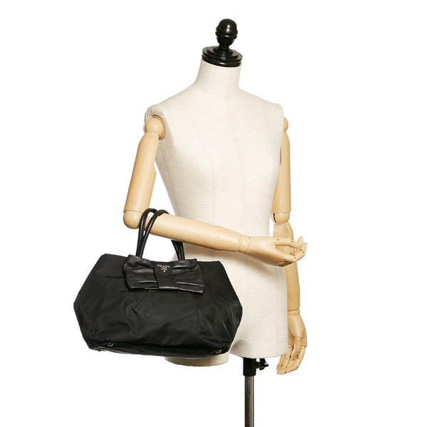 プラダ ポコノ リボン ブラック ナイロン レザー ハンドバッグ レディース PRADA 【中古】