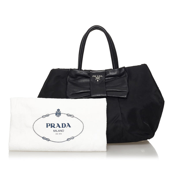 プラダ ポコノ リボン ブラック ナイロン レザー ハンドバッグ レディース PRADA 【中古】