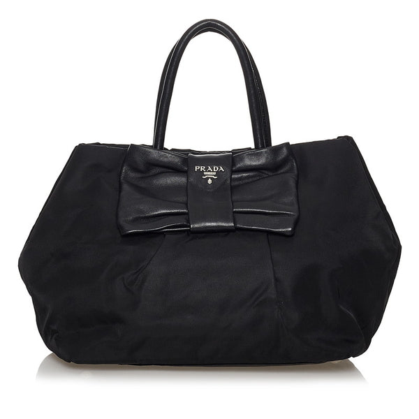 プラダ ポコノ リボン ブラック ナイロン レザー ハンドバッグ レディース PRADA 【中古】