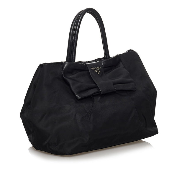 プラダ ポコノ リボン ブラック ナイロン レザー ハンドバッグ レディース PRADA 【中古】