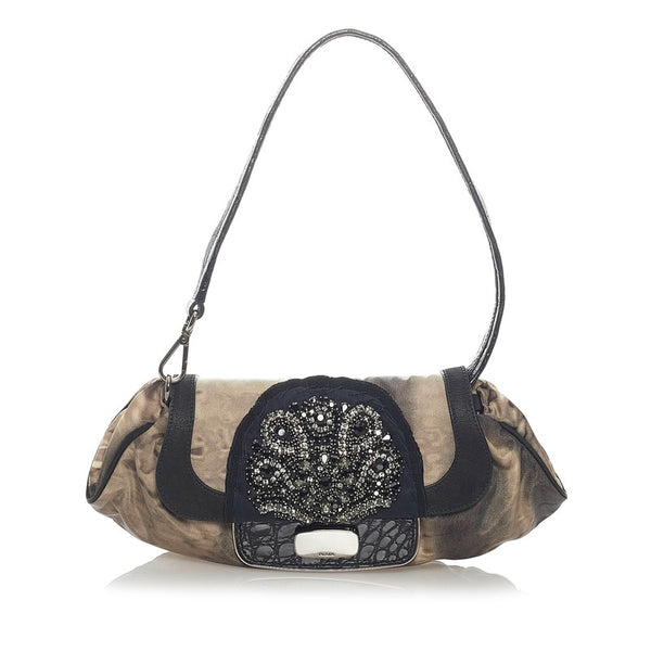 プラダ ビジュー クロコ型押し ワンショルダーバッグ ベージュ ブラック ナイロン スウェード レザー レディース PRADA 【中古】