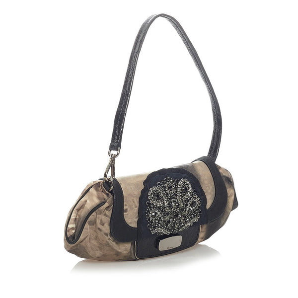プラダ ビジュー クロコ型押し ワンショルダーバッグ ベージュ ブラック ナイロン スウェード レザー レディース PRADA 【中古】