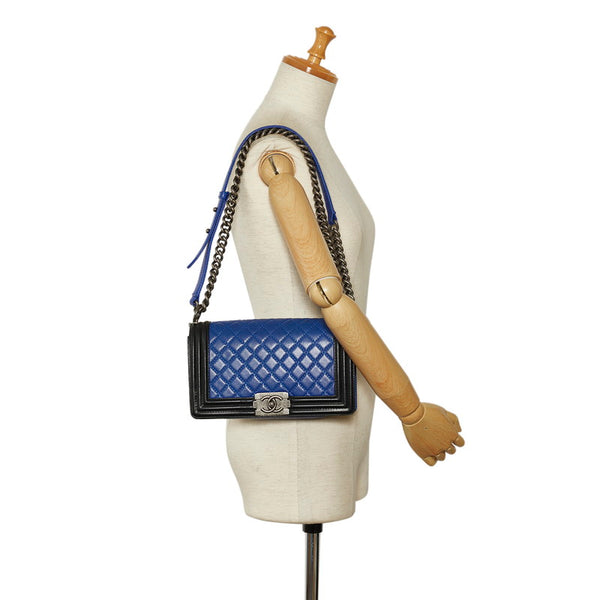 シャネル ボーイシャネル ココマーク チェーン ショルダーバッグ ブルー ブラック レザー レディース CHANEL 【中古】
