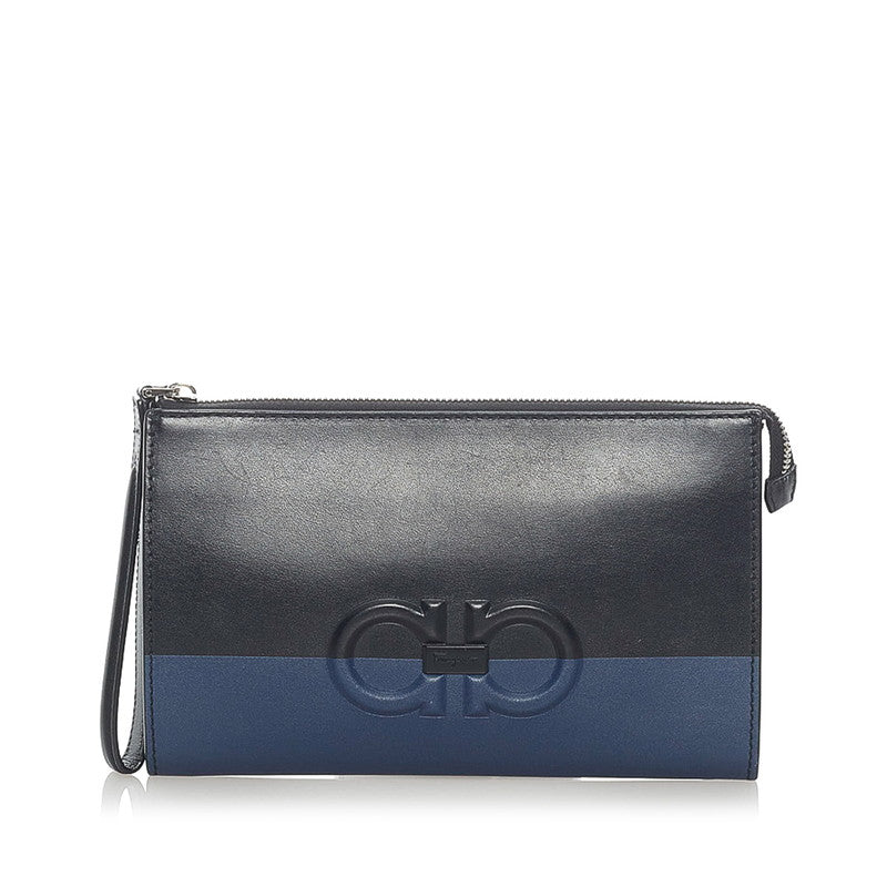 サルヴァトーレフェラガモ ガンチーニ クラッチバッグ IY-24A232 ブラック ブルー レザー メンズ Salvatore Ferragamo 【中古】