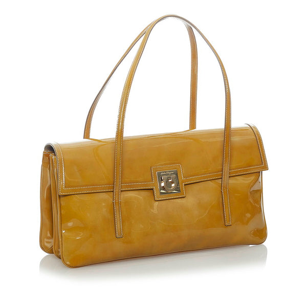 サルヴァトーレフェラガモ ガンチーニ ハンドバッグ AB-21 2804 マスタード イエロー エナメル レディース Salvatore Ferragamo 【中古】