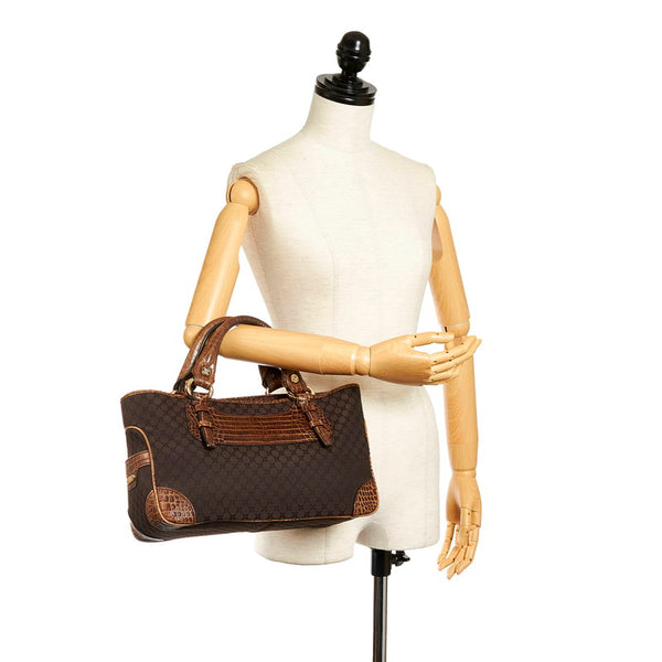 セリーヌ マカダム クロコ型押し ハンドバッグ ブラウン キャンバス レザー レディース CELINE 【中古】