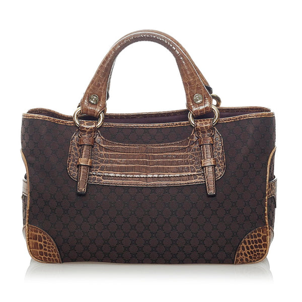 セリーヌ マカダム クロコ型押し ハンドバッグ ブラウン キャンバス レザー レディース CELINE 【中古】