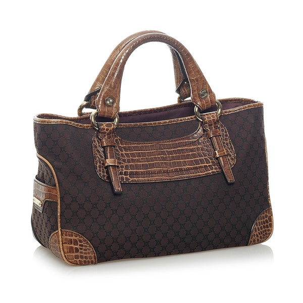 セリーヌ マカダム クロコ型押し ハンドバッグ ブラウン キャンバス レザー レディース CELINE 【中古】