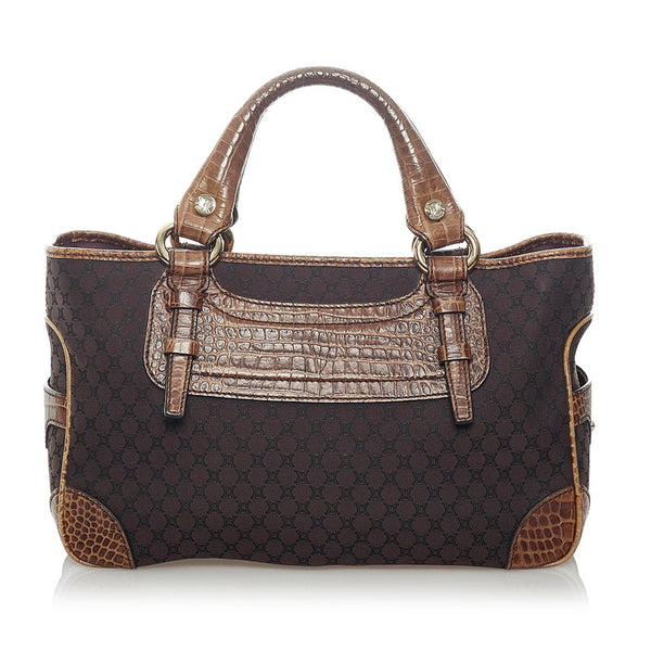 セリーヌ マカダム クロコ型押し ハンドバッグ ブラウン キャンバス レザー レディース CELINE 【中古】