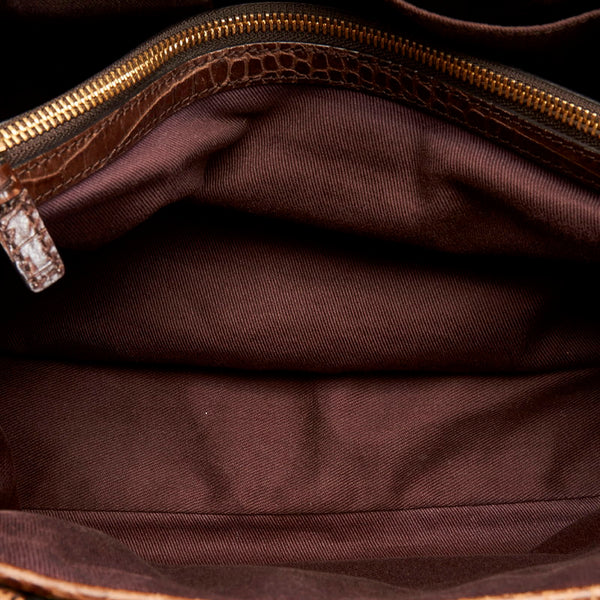 セリーヌ マカダム クロコ型押し ハンドバッグ ブラウン キャンバス レザー レディース CELINE 【中古】