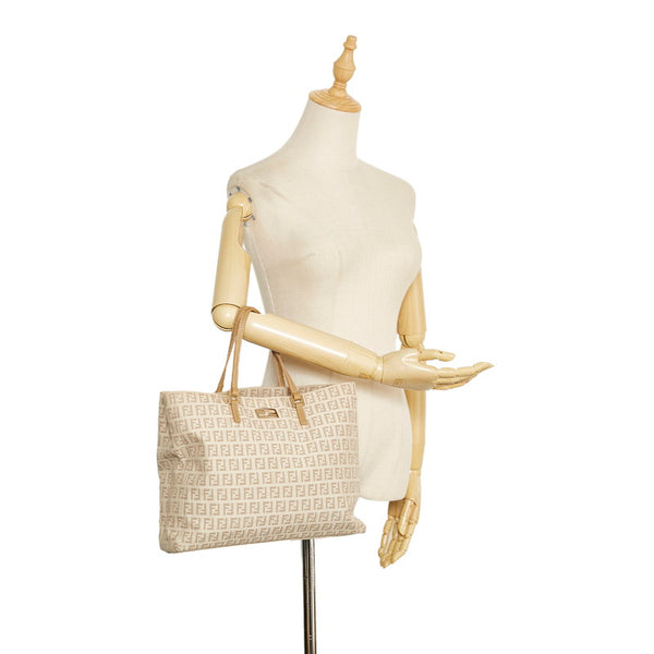フェンディ ズッカ ハンドバッグ トートバッグ 8BH133 ベージュ キャンバス レザー レディース FENDI 【中古】
