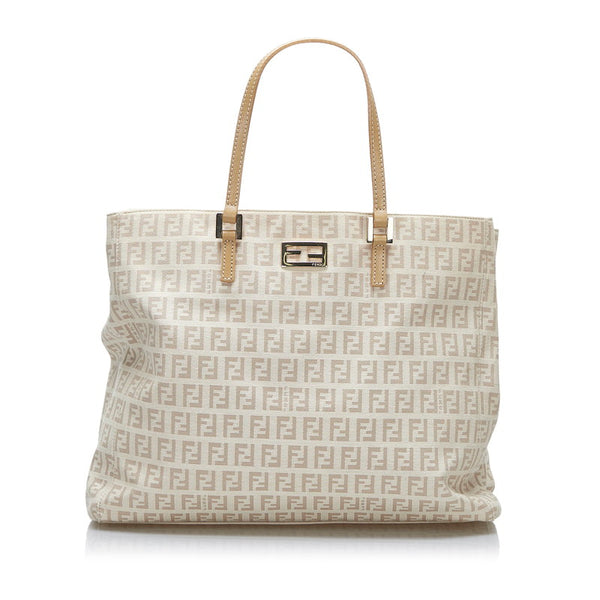 フェンディ ズッカ ハンドバッグ トートバッグ 8BH133 ベージュ キャンバス レザー レディース FENDI 【中古】