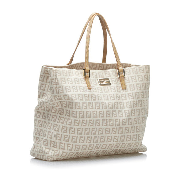 フェンディ ズッカ ハンドバッグ トートバッグ 8BH133 ベージュ キャンバス レザー レディース FENDI 【中古】