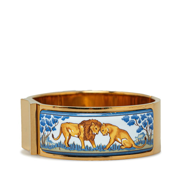 エルメス エマイユGM 七宝焼き ライオン バングル ゴールド ブルー メッキ レディース HERMES 【中古】