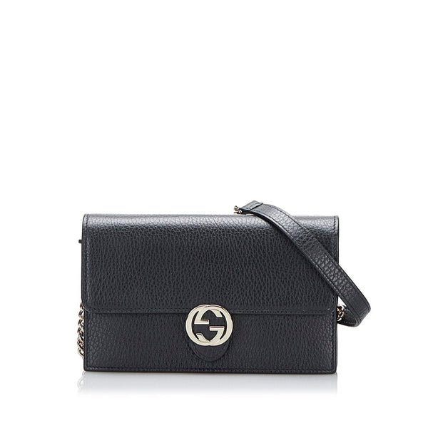 グッチ インターロッキングG チェーンウォレット 長財布 2WAY 510314 ブラック レザー レディース GUCCI 【中古】