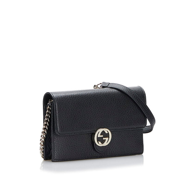 グッチ インターロッキングG チェーンウォレット 長財布 2WAY 510314 ブラック レザー レディース GUCCI 【中古】